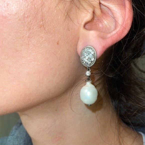 Judith Ripka Sterling Silver Real Pearl Drop Earrings 925 CZ - Picture 2 of 4